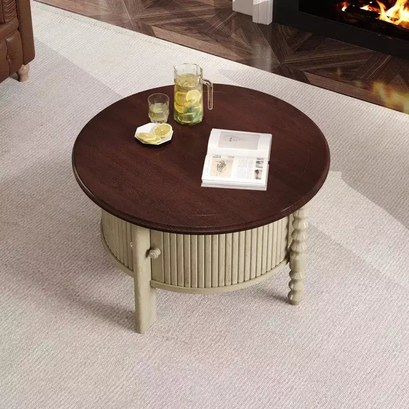 Vintage Oval/Round Coffee Table Cocktail Table Accent Table Sofa Side Table Center Table with Drawer/Sliding Door, Walnut/Beige+Espresso-ModernLuxe