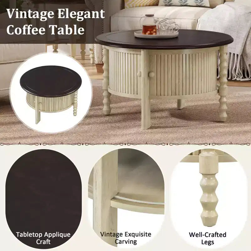 Vintage Oval/Round Coffee Table Cocktail Table Accent Table Sofa Side Table Center Table with Drawer/Sliding Door, Walnut/Beige+Espresso-ModernLuxe
