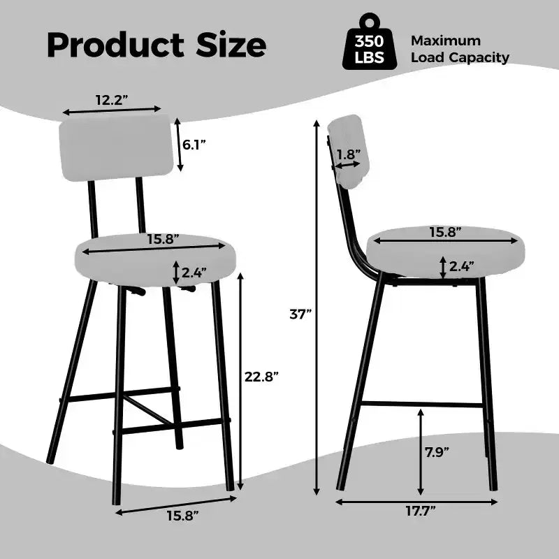 Height Bar Stools Set of 4, Upholstered Counter Height Bar Chair with Round Seat, Modern Barstools with Back and Metal Footrest