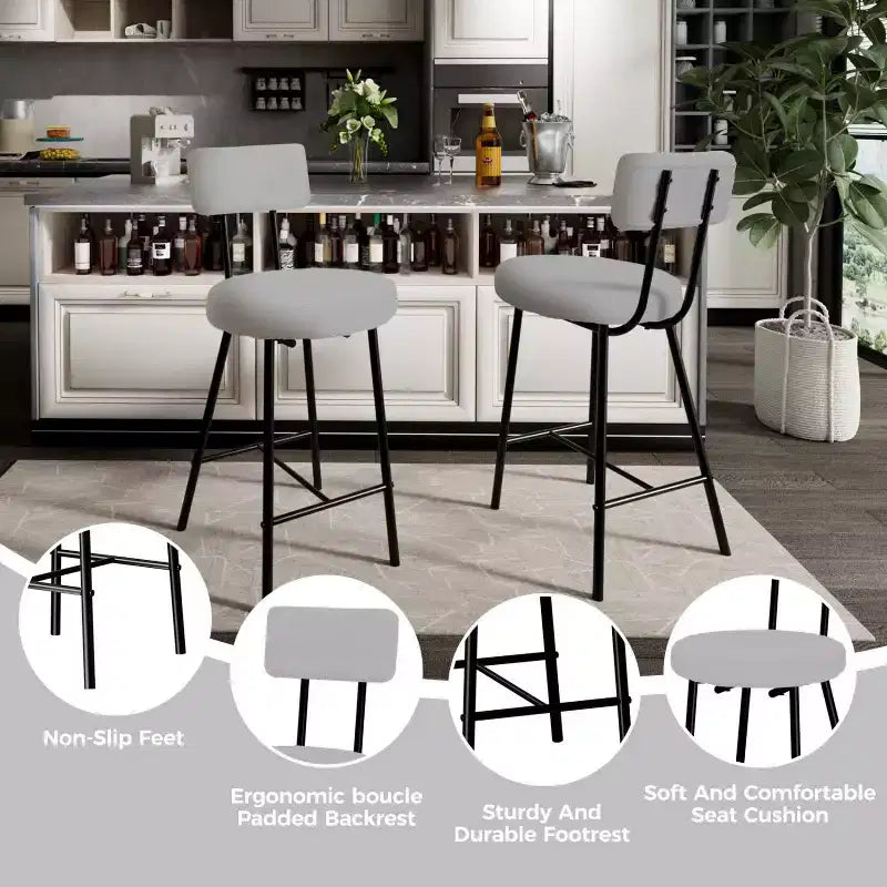 Height Bar Stools Set of 4, Upholstered Counter Height Bar Chair with Round Seat, Modern Barstools with Back and Metal Footrest