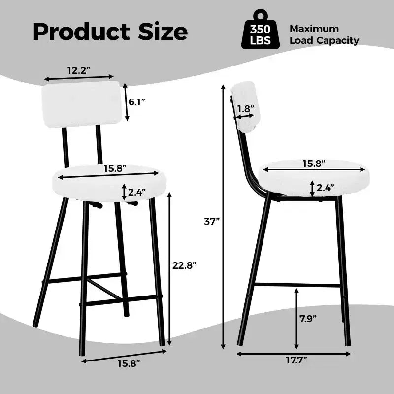 Height Bar Stools Set of 4, Upholstered Counter Height Bar Chair with Round Seat, Modern Barstools with Back and Metal Footrest