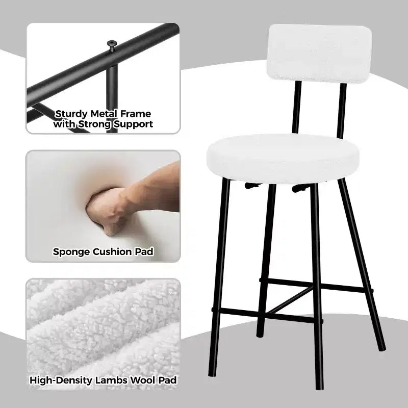 Height Bar Stools Set of 4, Upholstered Counter Height Bar Chair with Round Seat, Modern Barstools with Back and Metal Footrest