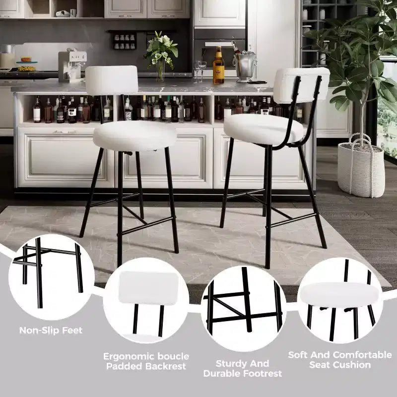 Height Bar Stools Set of 4, Upholstered Counter Height Bar Chair with Round Seat, Modern Barstools with Back and Metal Footrest