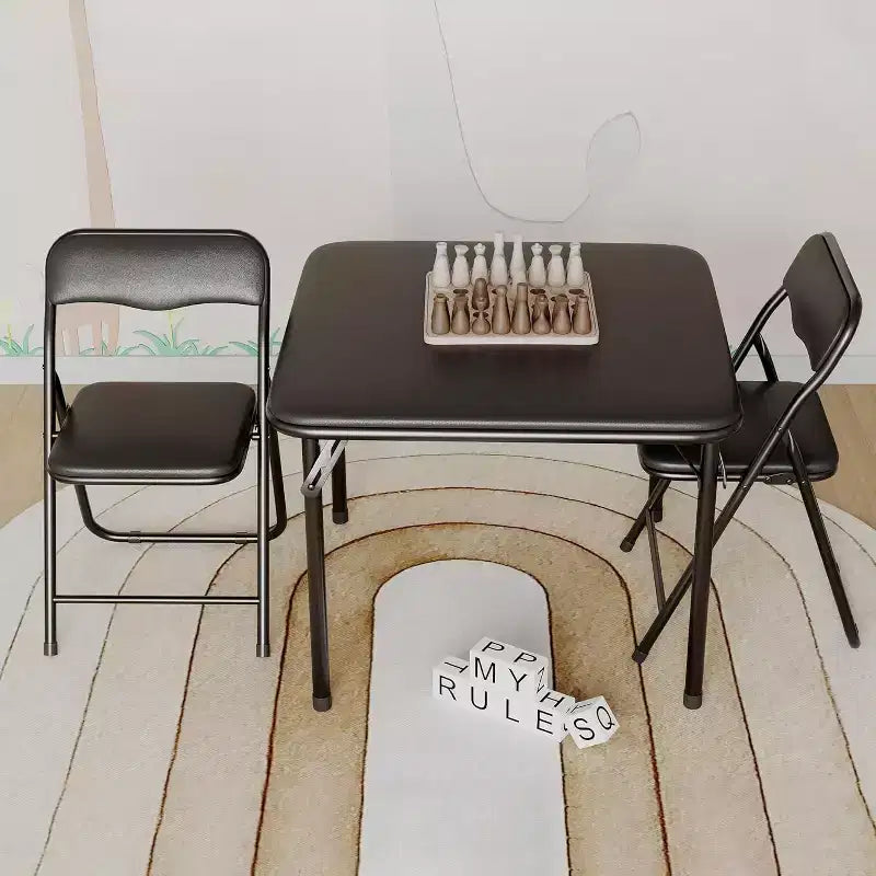 3-Piece Folding Upholstered Table and Chair, Pu Soft Cushion, Metal Frame Children's Activity Table and Chairs Set for Daycare and Classroom, Black