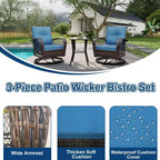 3 Pieces Patio Wicker Glider Chairs, Outdoor Swivel Rockers Patio Chairs Set of 2 with Thickened Cushions and Glass Coffee Table