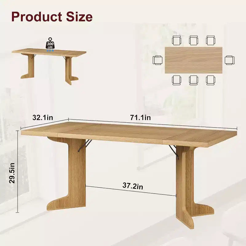 71 Dining Table for 6 to 8 People, Modern Dinner Table with Unique Wooden Legs, No Chairs