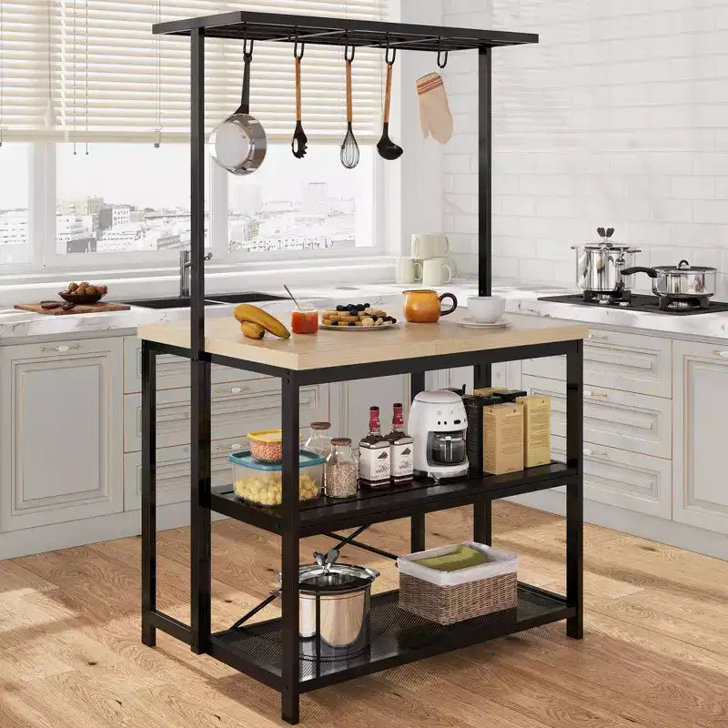 Large Kitchen Island Table Bakers Rack and 3-Tier Storage-Microwave Stand Oven Shelf, Metal Coffee Bar Table ,Kitchen Storage Shelf , 5 Hooks