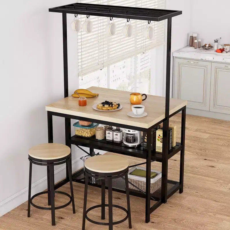 Large Kitchen Island Table Bakers Rack and 3-Tier Storage-Microwave Stand Oven Shelf, Metal Coffee Bar Table ,Kitchen Storage Shelf , 5 Hooks