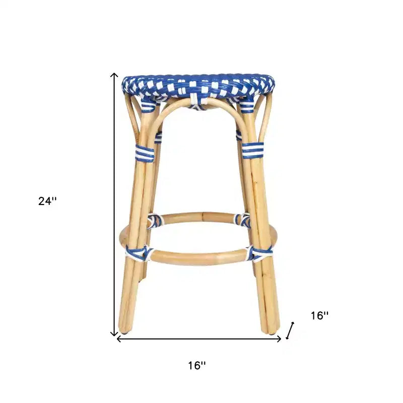 HomeRoots 24 Blue and White and Wood Brown Heavy Duty Rattan Backless Counter Height Bar Chair