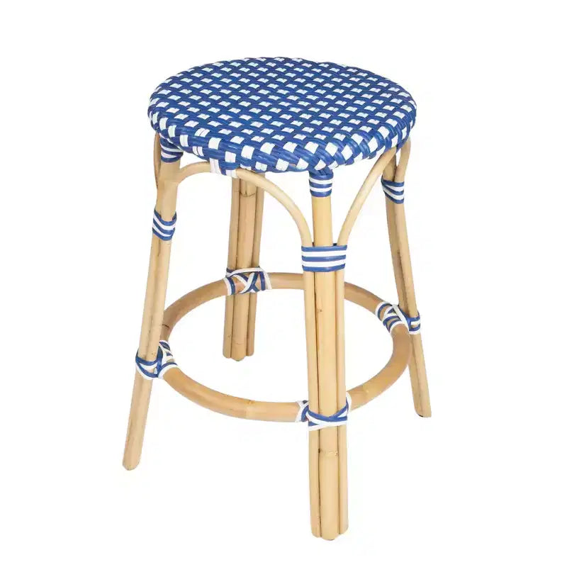 HomeRoots 24 Blue and White and Wood Brown Heavy Duty Rattan Backless Counter Height Bar Chair