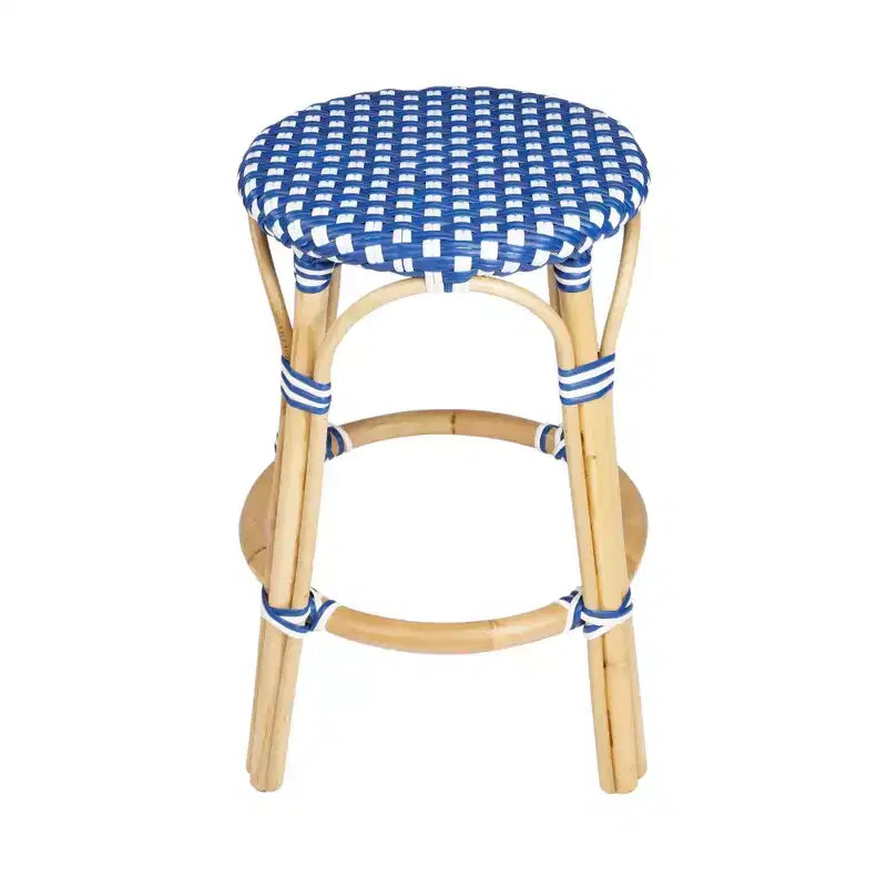HomeRoots 24 Blue and White and Wood Brown Heavy Duty Rattan Backless Counter Height Bar Chair