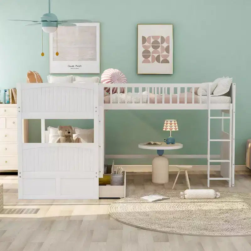 Okak Triple Sleeper Twin Loft Bed with Storage,Space-Saving Bunk Beds with 2 Drawers & Play Area Underneath,High Loft Beds for Kids,Teens