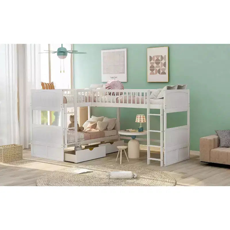 Okak Triple Sleeper Twin Loft Bed with Storage,Space-Saving Bunk Beds with 2 Drawers & Play Area Underneath,High Loft Beds for Kids,Teens