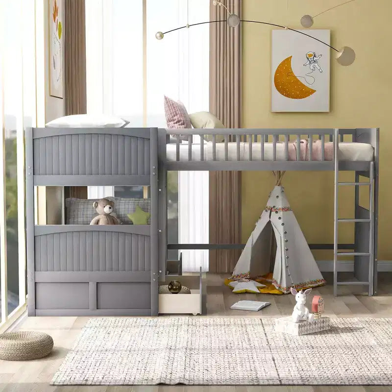 Okak Triple Sleeper Twin Loft Bed with Storage,Space-Saving Bunk Beds with 2 Drawers & Play Area Underneath,High Loft Beds for Kids,Teens