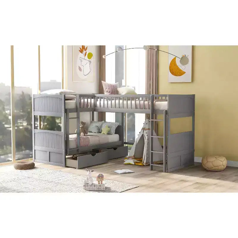 Okak Triple Sleeper Twin Loft Bed with Storage,Space-Saving Bunk Beds with 2 Drawers & Play Area Underneath,High Loft Beds for Kids,Teens