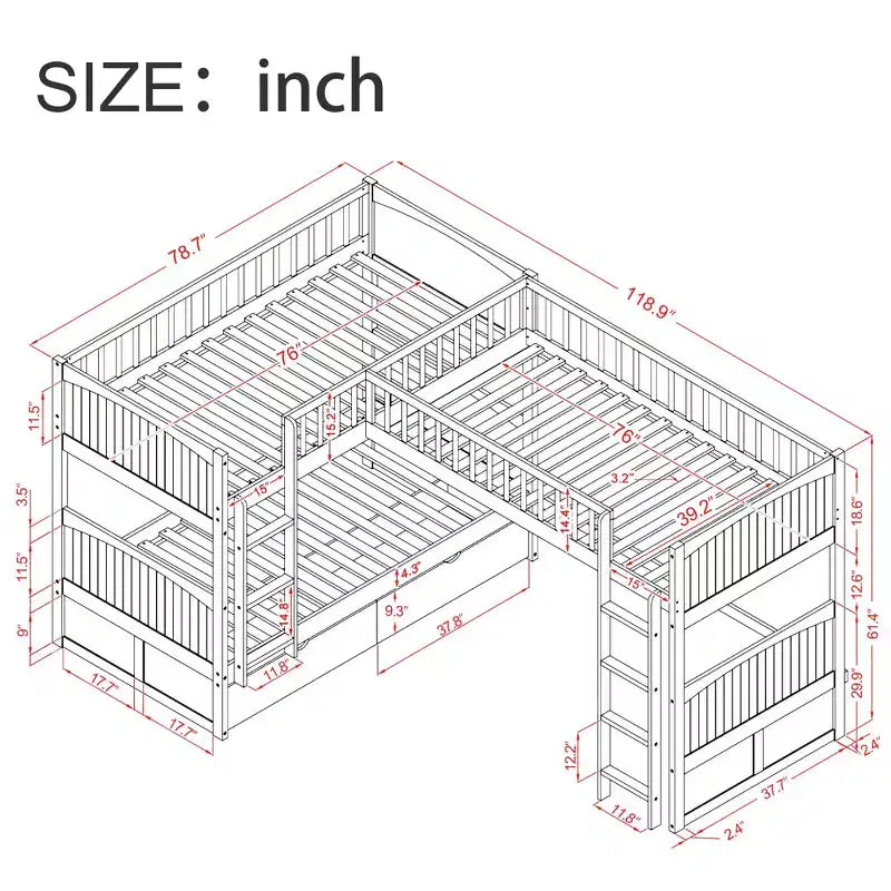 Okak Triple Sleeper Twin Loft Bed with Storage,Space-Saving Bunk Beds with 2 Drawers & Play Area Underneath,High Loft Beds for Kids,Teens