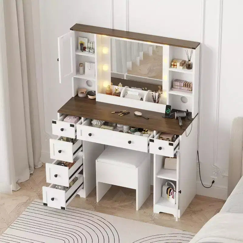 Dressing Table Set with Large LED Lighted Mirror with 3 Modes, Wooden Dresser for Bedroom with Power Socket, Drawers, Storage Stool, Pink