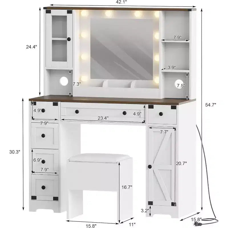 Dressing Table Set with Large LED Lighted Mirror with 3 Modes, Wooden Dresser for Bedroom with Power Socket, Drawers, Storage Stool, Pink