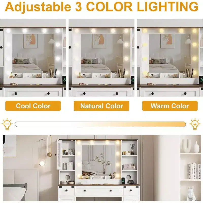 Dressing Table Set with Large LED Lighted Mirror with 3 Modes, Wooden Dresser for Bedroom with Power Socket, Drawers, Storage Stool, Pink
