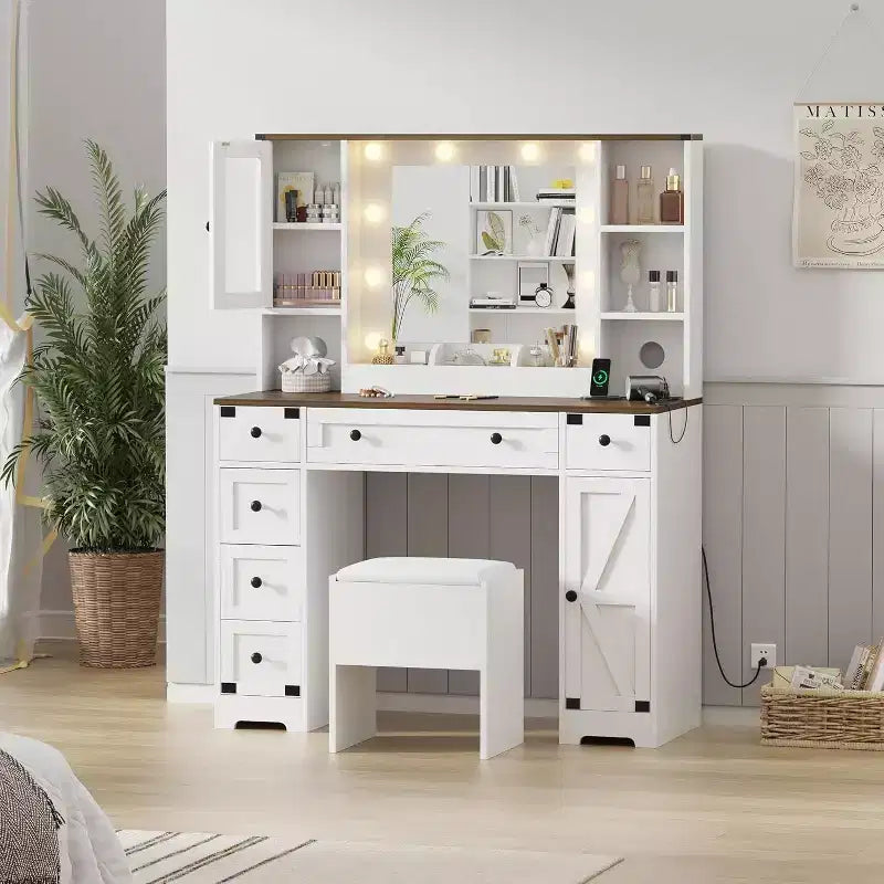 Dressing Table Set with Large LED Lighted Mirror with 3 Modes, Wooden Dresser for Bedroom with Power Socket, Drawers, Storage Stool, Pink