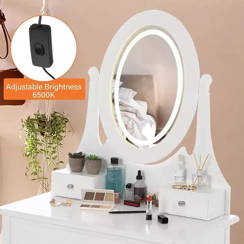 Dressing Table Set with Large LED Lighted Mirror with 3 Modes, Wooden Dresser for Bedroom with Power Socket, Drawers, Storage Stool, Pink