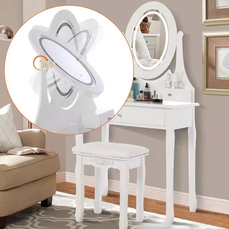Dressing Table Set with Large LED Lighted Mirror with 3 Modes, Wooden Dresser for Bedroom with Power Socket, Drawers, Storage Stool, Pink