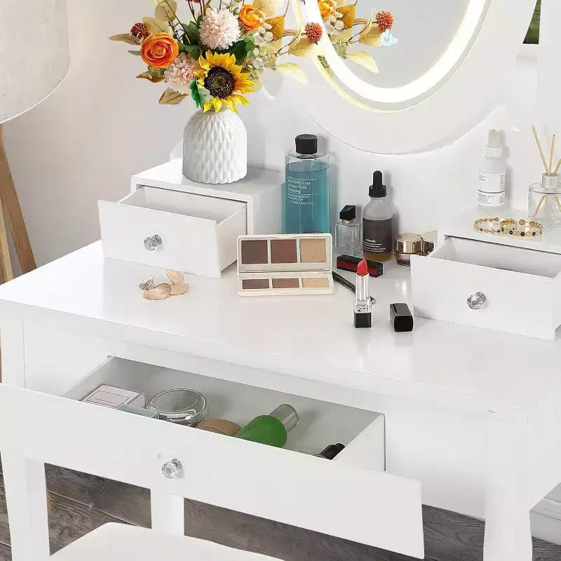 Dressing Table Set with Large LED Lighted Mirror with 3 Modes, Wooden Dresser for Bedroom with Power Socket, Drawers, Storage Stool, Pink
