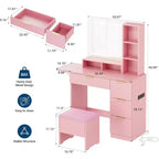 Dressing Table Set with Large LED Lighted Mirror with 3 Modes, Wooden Dresser for Bedroom with Power Socket, Drawers, Storage Stool, Pink
