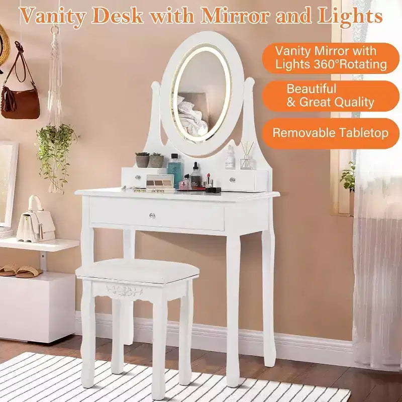 Dressing Table Set with Large LED Lighted Mirror with 3 Modes, Wooden Dresser for Bedroom with Power Socket, Drawers, Storage Stool, Pink