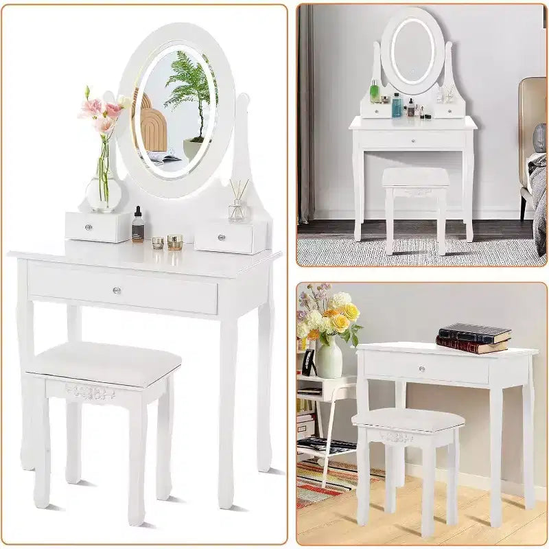 Dressing Table Set with Large LED Lighted Mirror with 3 Modes, Wooden Dresser for Bedroom with Power Socket, Drawers, Storage Stool, Pink