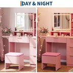 Dressing Table Set with Large LED Lighted Mirror with 3 Modes, Wooden Dresser for Bedroom with Power Socket, Drawers, Storage Stool, Pink