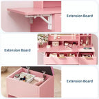 Dressing Table Set with Large LED Lighted Mirror with 3 Modes, Wooden Dresser for Bedroom with Power Socket, Drawers, Storage Stool, Pink