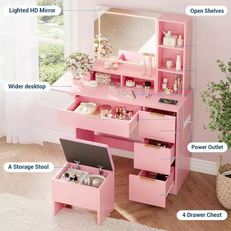 Dressing Table Set with Large LED Lighted Mirror with 3 Modes, Wooden Dresser for Bedroom with Power Socket, Drawers, Storage Stool, Pink