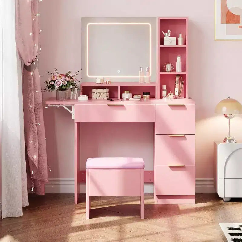Dressing Table Set with Large LED Lighted Mirror with 3 Modes, Wooden Dresser for Bedroom with Power Socket, Drawers, Storage Stool, Pink