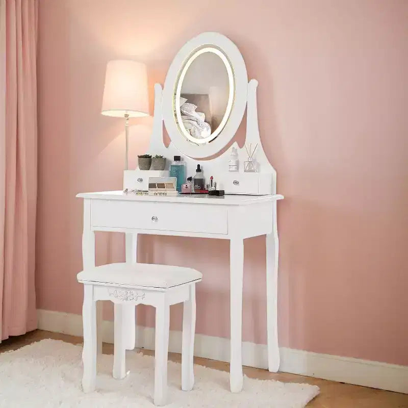 Dressing Table Set with Large LED Lighted Mirror with 3 Modes, Wooden Dresser for Bedroom with Power Socket, Drawers, Storage Stool, Pink