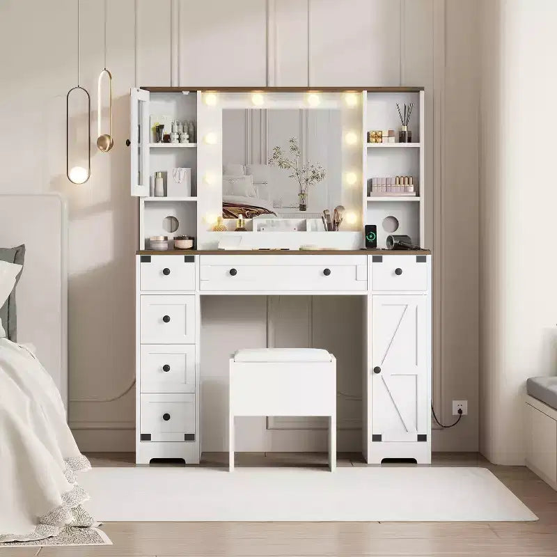 Dressing Table Set with Large LED Lighted Mirror with 3 Modes, Wooden Dresser for Bedroom with Power Socket, Drawers, Storage Stool, Pink