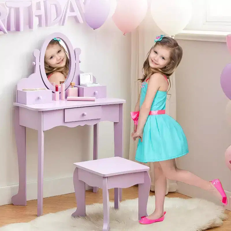 Girls' Vanity Set with Mirror, Makeup Table and Stool for Kids, Wood Dressup Playset for 4-9, Purple
