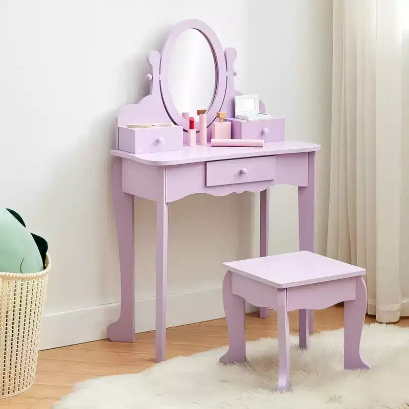 Girls' Vanity Set with Mirror, Makeup Table and Stool for Kids, Wood Dressup Playset for 4-9, Purple