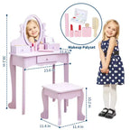 Girls' Vanity Set with Mirror, Makeup Table and Stool for Kids, Wood Dressup Playset for 4-9, Purple