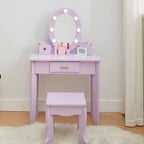 Girls' Vanity Set with Mirror, Makeup Table and Stool for Kids, Wood Dressup Playset for 4-9, Purple