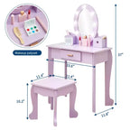 Girls' Vanity Set with Mirror, Makeup Table and Stool for Kids, Wood Dressup Playset for 4-9, Purple