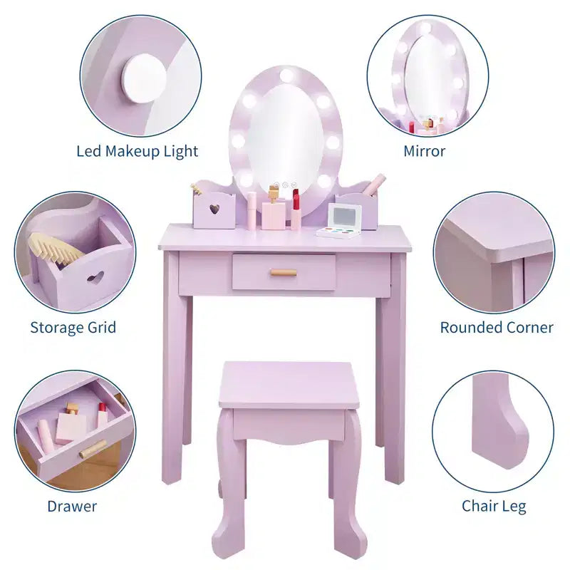 Girls' Vanity Set with Mirror, Makeup Table and Stool for Kids, Wood Dressup Playset for 4-9, Purple