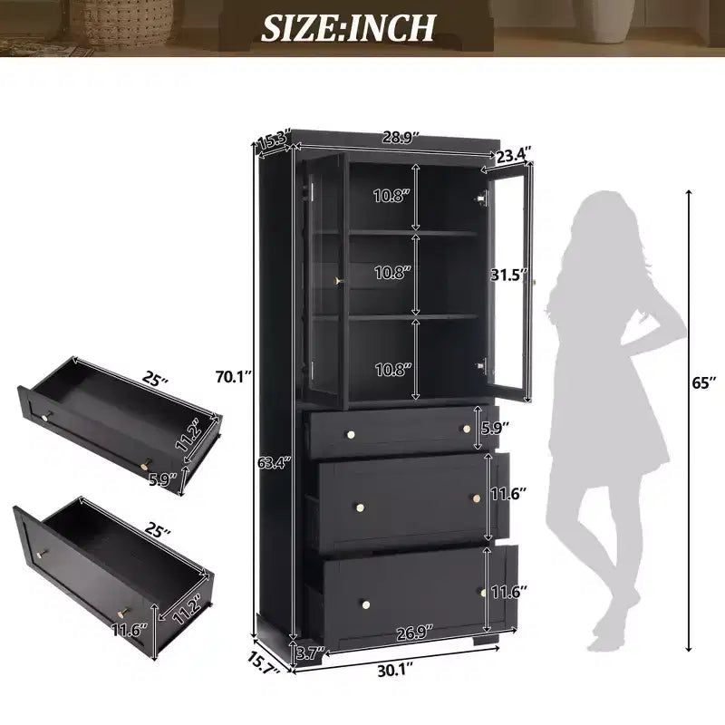 70.1H Modern Freestanding Bathroom Cabinet with 3 Drawers & Adjustable Shelves, Soft Close Glass Doors, for Multi-Room Storage - ModernLuxe