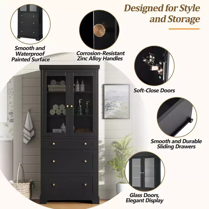 70.1H Modern Freestanding Bathroom Cabinet with 3 Drawers & Adjustable Shelves, Soft Close Glass Doors, for Multi-Room Storage - ModernLuxe