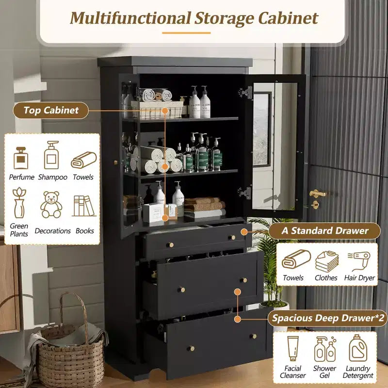 70.1H Modern Freestanding Bathroom Cabinet with 3 Drawers & Adjustable Shelves, Soft Close Glass Doors, for Multi-Room Storage - ModernLuxe