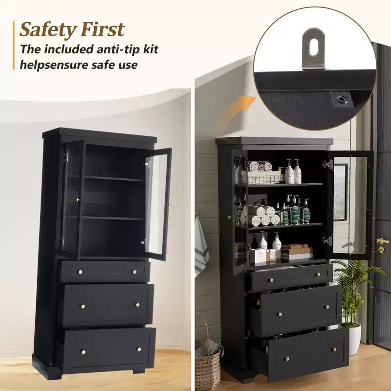 70.1H Modern Freestanding Bathroom Cabinet with 3 Drawers & Adjustable Shelves, Soft Close Glass Doors, for Multi-Room Storage - ModernLuxe