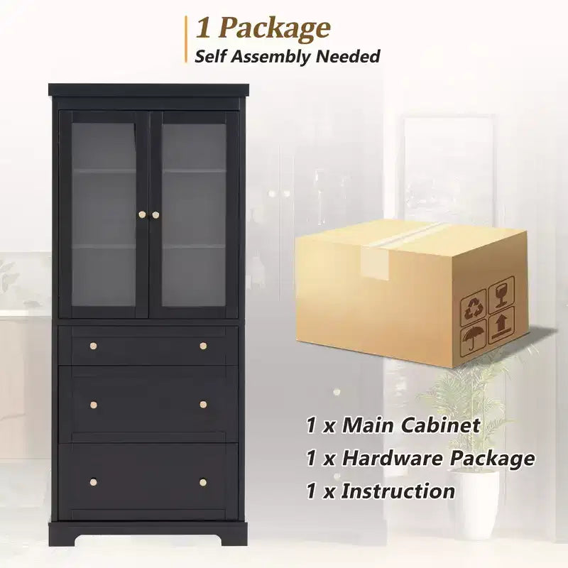 70.1H Modern Freestanding Bathroom Cabinet with 3 Drawers & Adjustable Shelves, Soft Close Glass Doors, for Multi-Room Storage - ModernLuxe