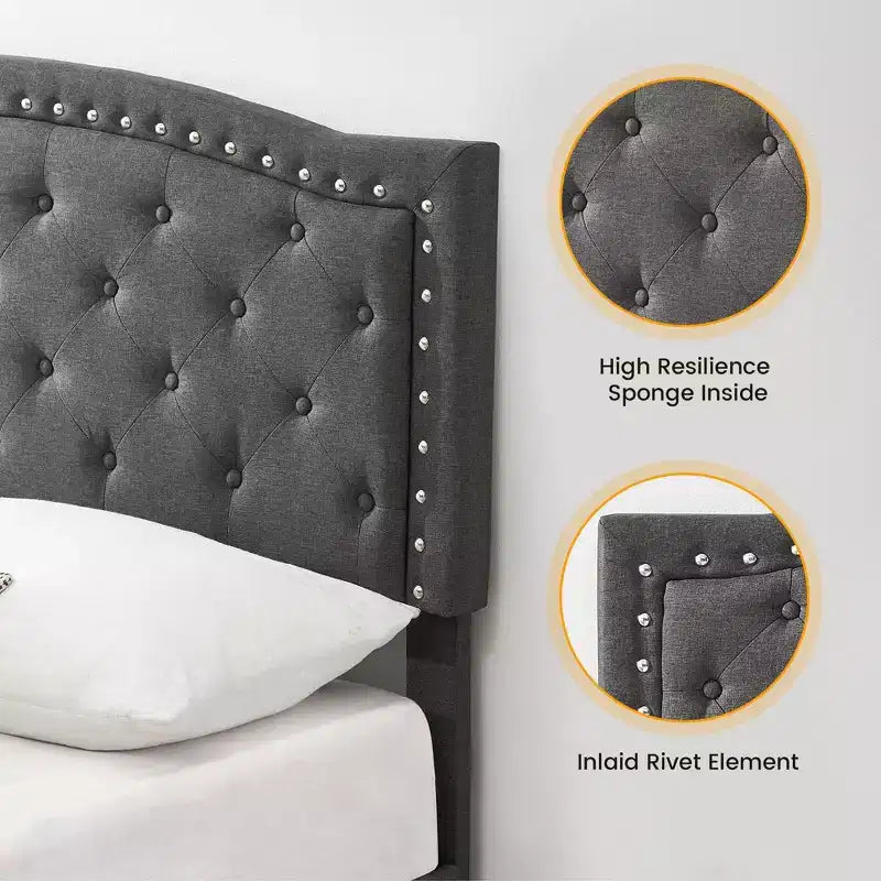 Bed Frame Upholstered Platform Bed with Adjustable Button Tufted & Nailhead Trim Headboard, Wood Slat Support, Noise-Free