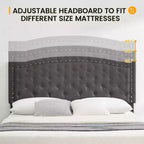 Bed Frame Upholstered Platform Bed with Adjustable Button Tufted & Nailhead Trim Headboard, Wood Slat Support, Noise-Free