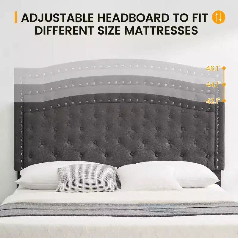 Bed Frame Upholstered Platform Bed with Adjustable Button Tufted & Nailhead Trim Headboard, Wood Slat Support, Noise-Free